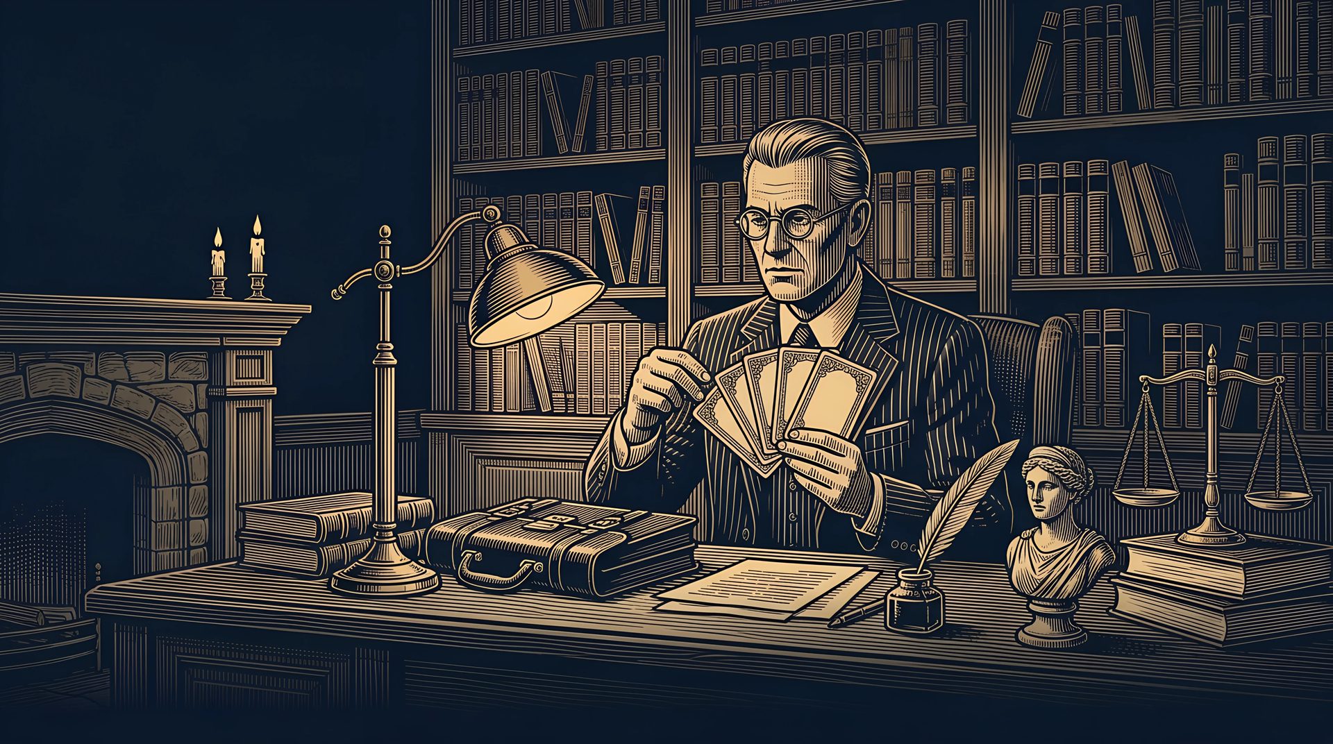 The Lawyer, in round spectacles, fans out his power cards at his desk under a brass lamp, law books on the shelves behind him