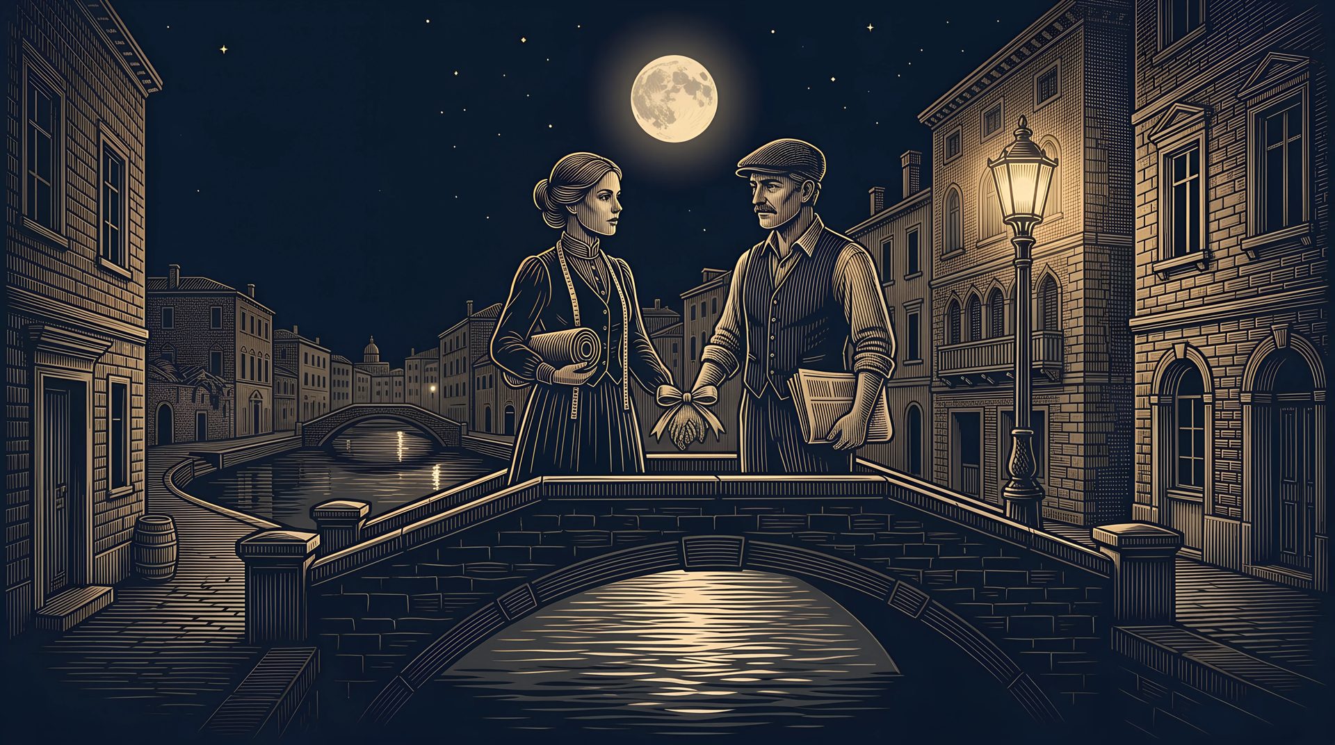 The Seamstress and the newspaper seller hold hands on a small stone bridge over a canal under the full moon