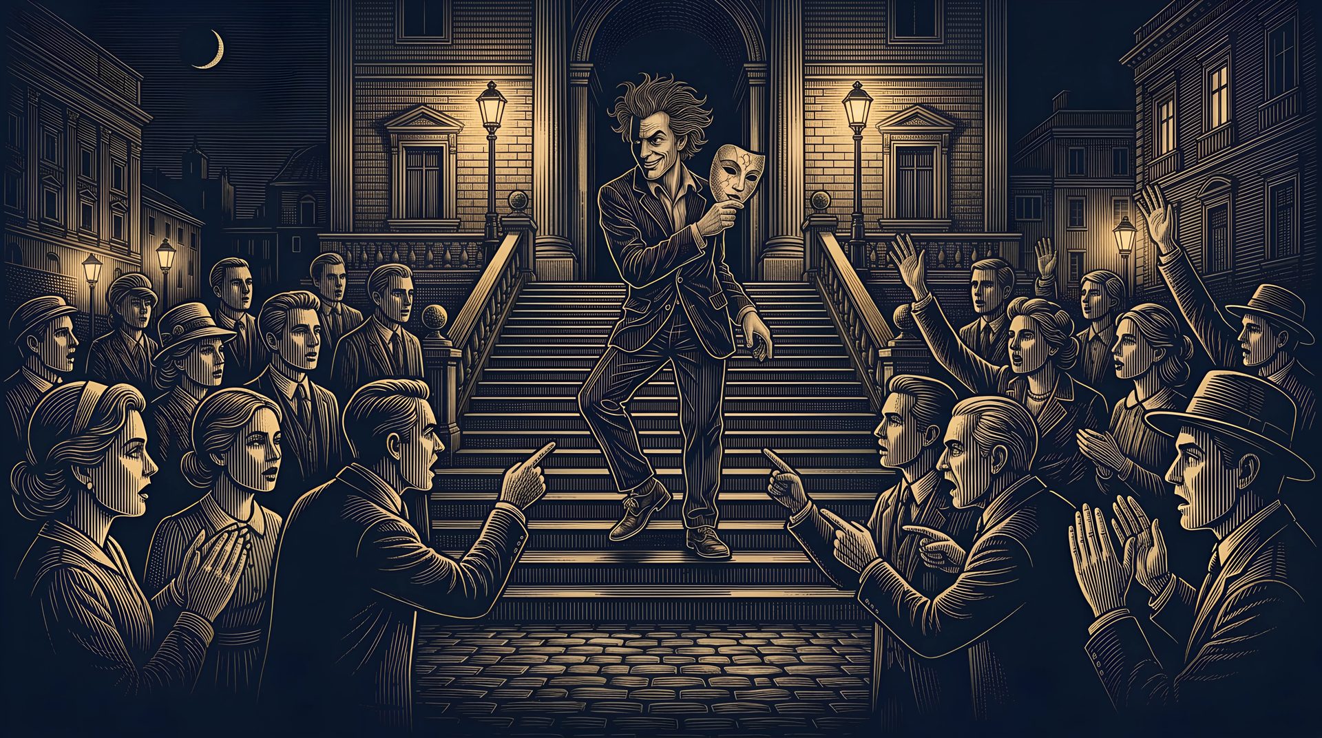 The Madman dances down the town hall steps holding his cracked harlequin mask while the townspeople point at him