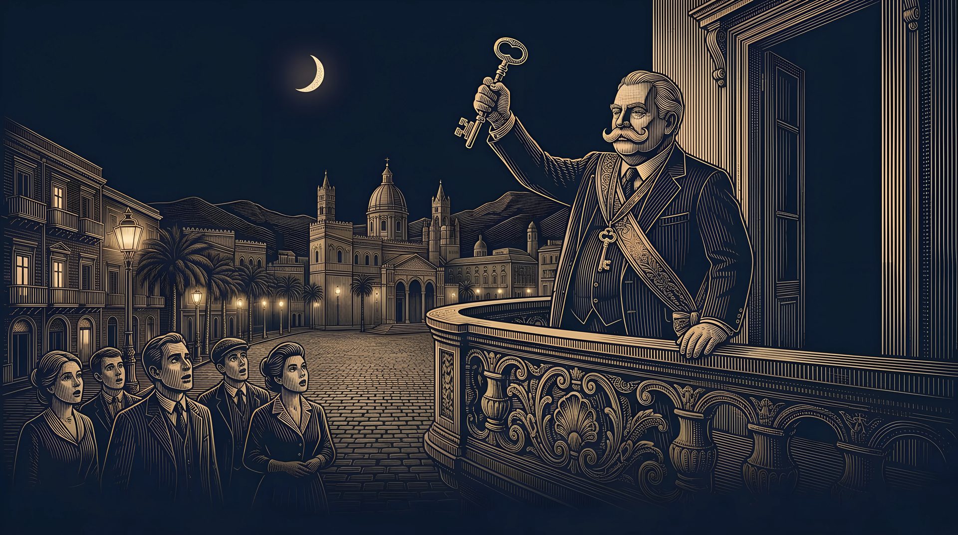 The Mayor, in his sash, raises his big ornate key from the town hall balcony as the townspeople below look up