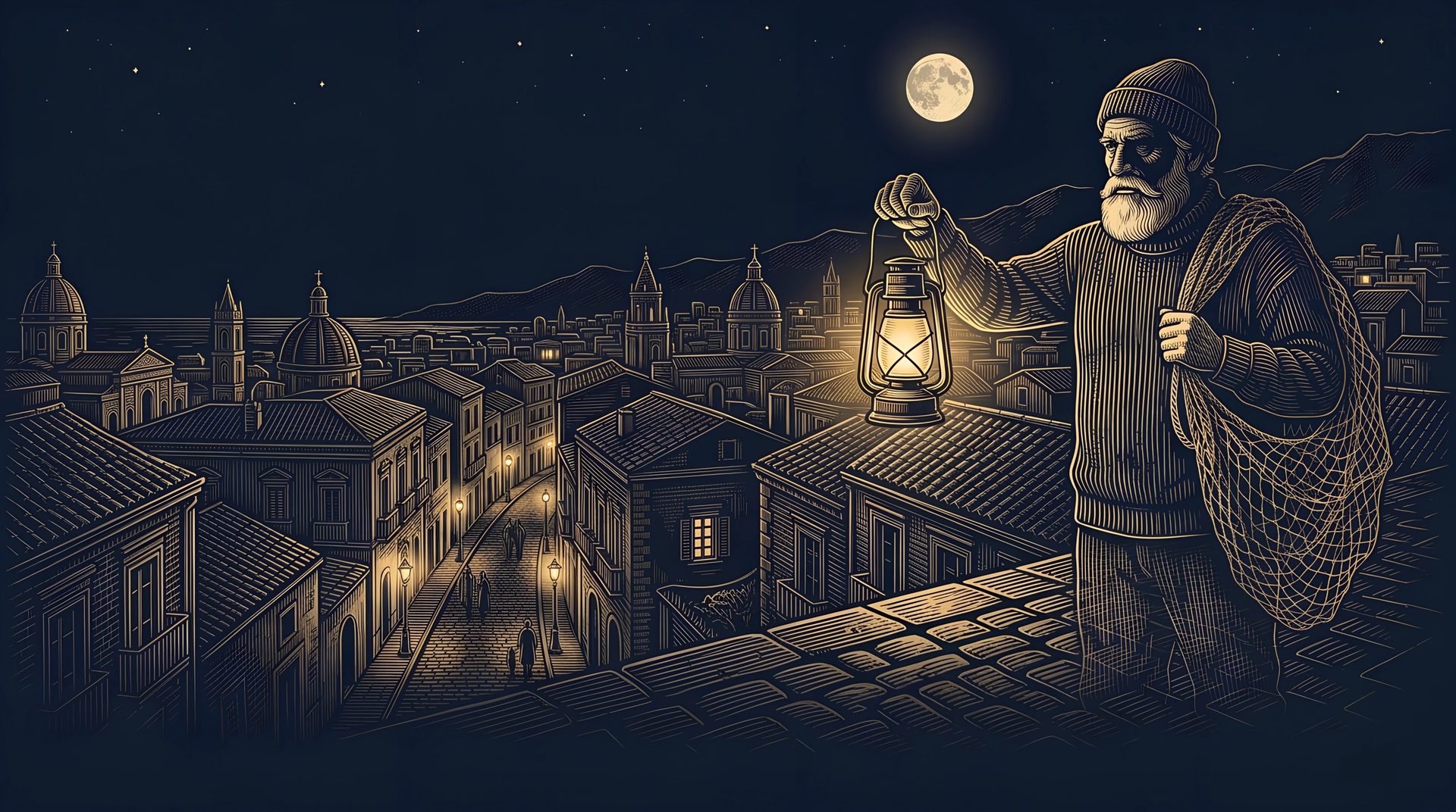 The Fisherman holds up a lantern on a rooftop above the sleeping town, watching over the streets below