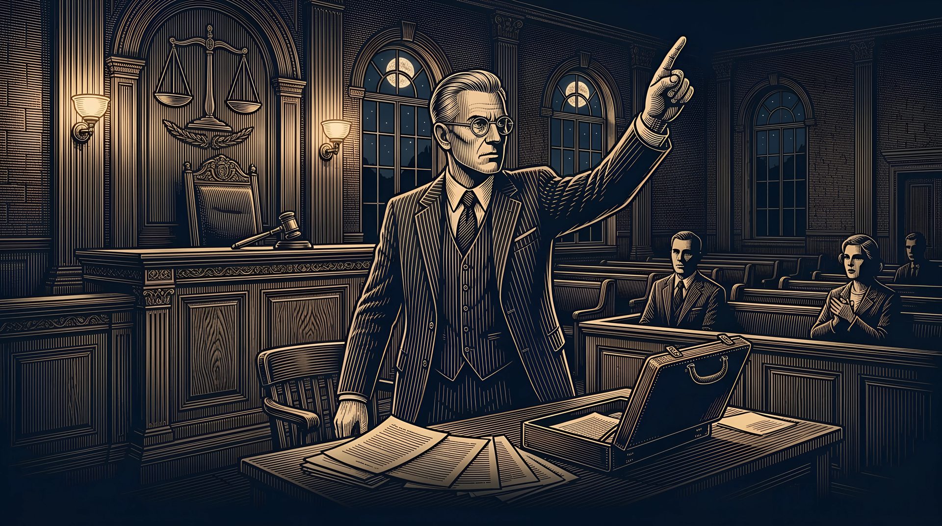 The Lawyer springs up in a courtroom at night, one finger raised, his open briefcase and papers on the table in front of him