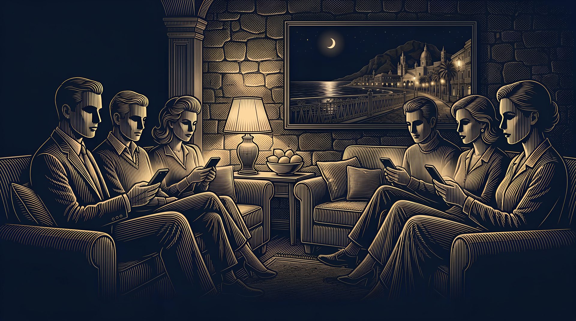 Friends on sofas in a lamplit living room, each holding a phone, with Palermo's seafront at night on the big screen on the wall