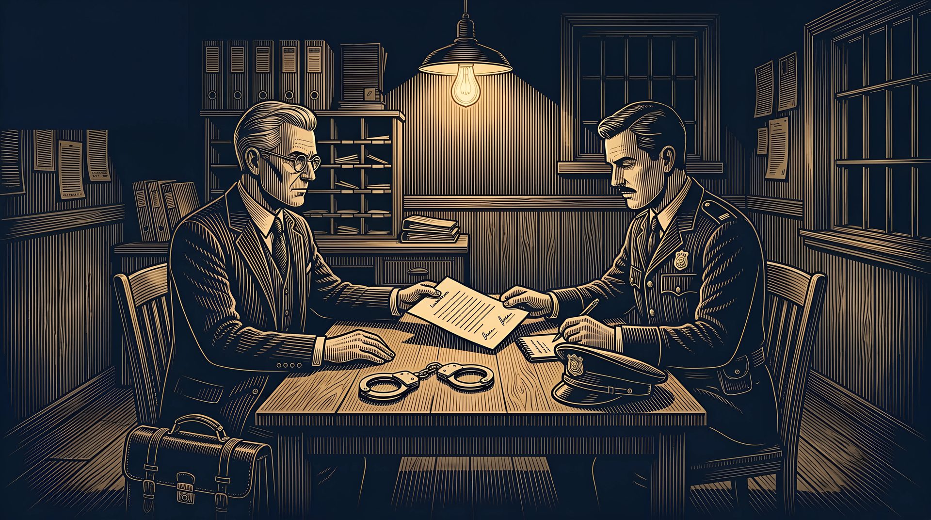 In a small police office, the Lawyer slides a signed paper across the table to the Police Officer, open handcuffs between them