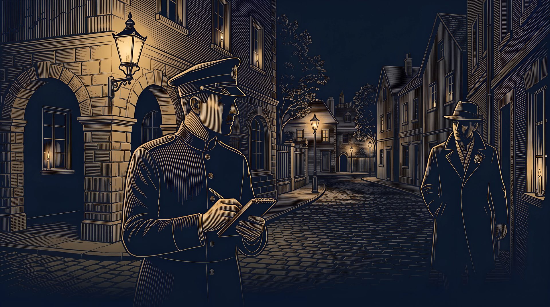 The Police Officer writes in his notebook under a street lamp, watching the Known Killer pass on the other side of the street at night