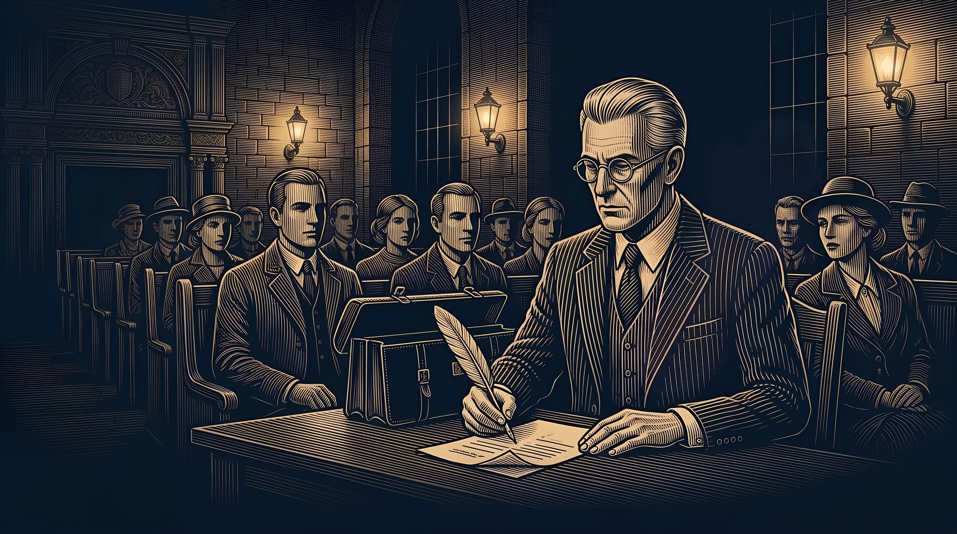 A ghostly hand guides the Lawyer's quill over a ballot in the town hall while the townspeople on the benches see nothing