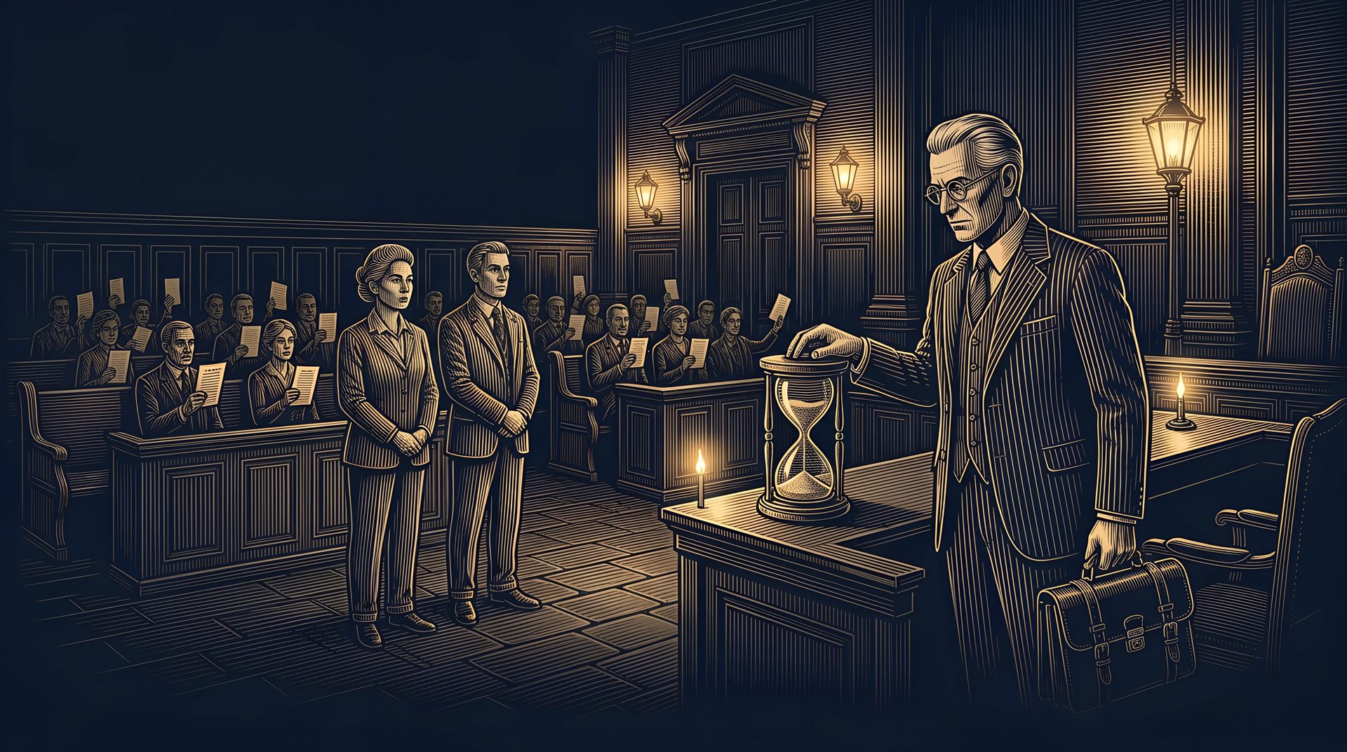 The Lawyer turns over an hourglass on the judge's bench while two townspeople wait at the front of the courtroom