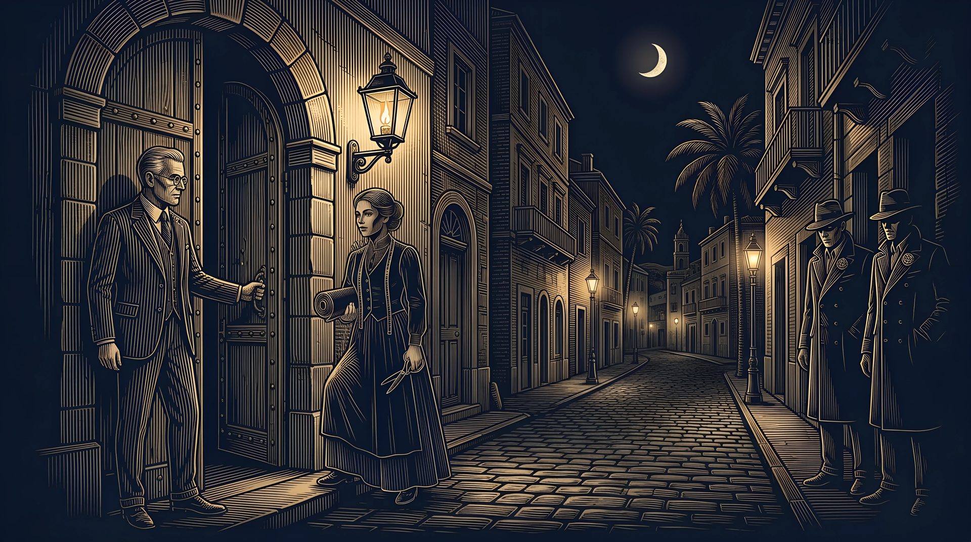 The Lawyer holds a heavy studded door open for the Seamstress at night while the two killers watch from down the street