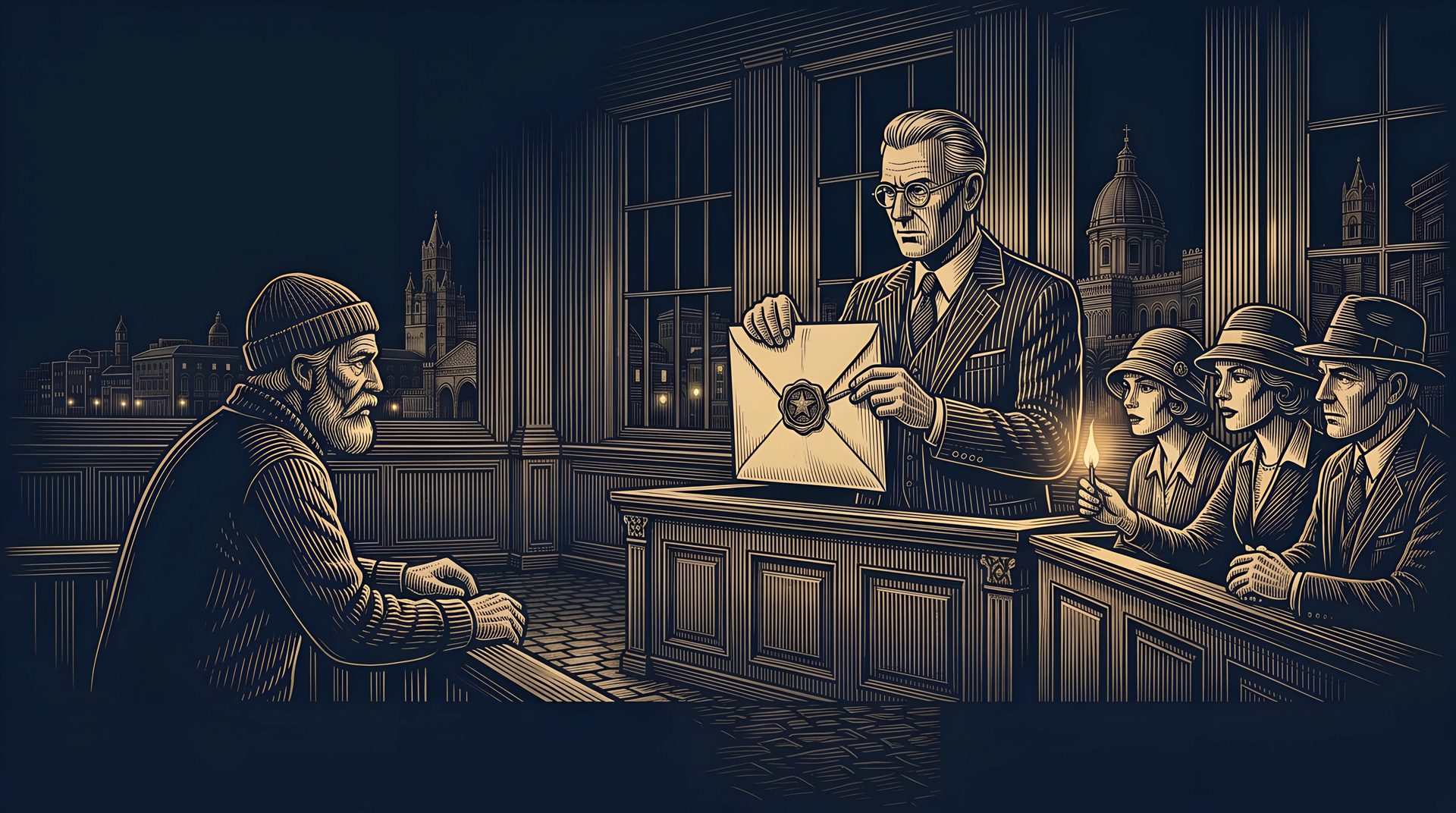The Lawyer holds up a sealed evidence envelope in court while the condemned Fisherman and the jury lean in to see