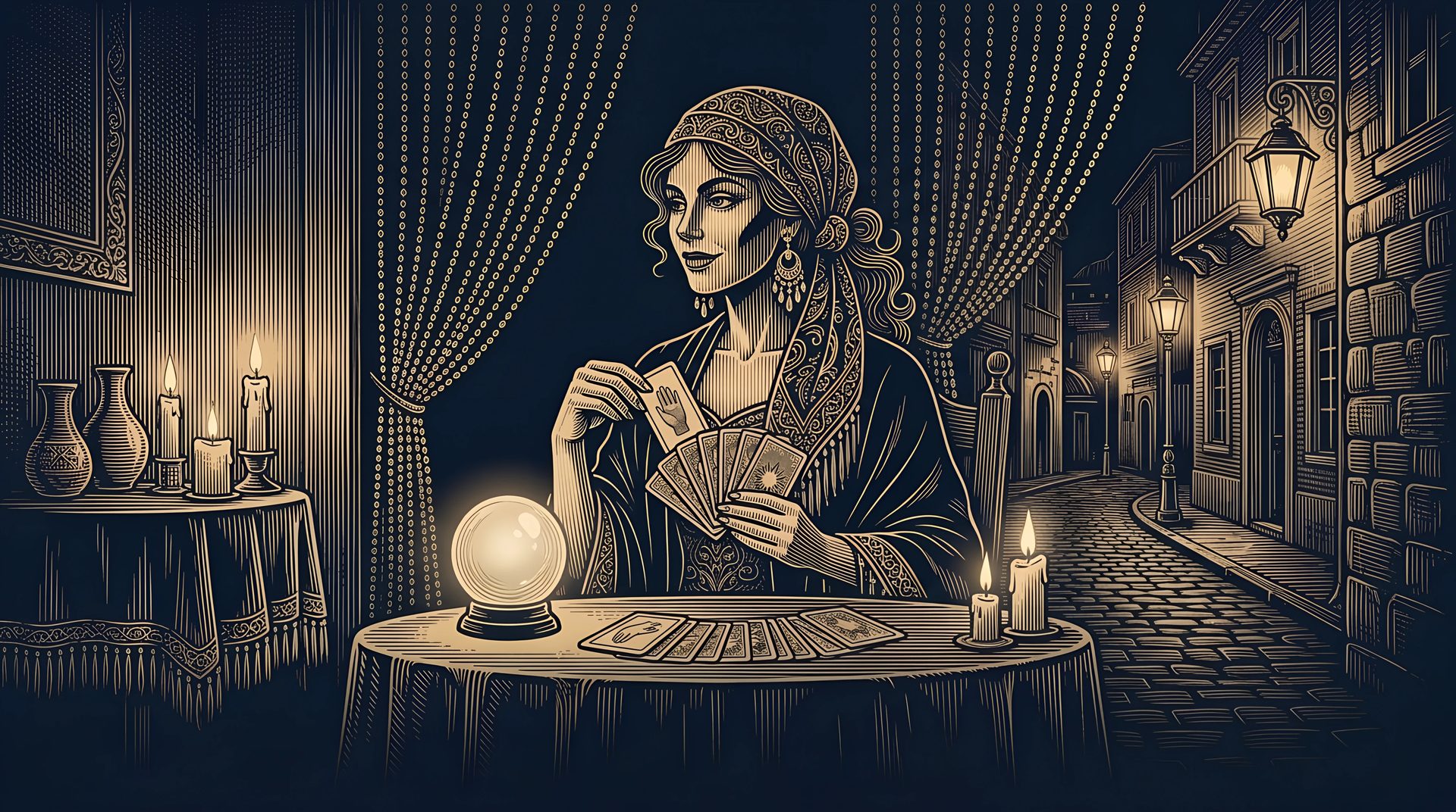 The Seer, a fortune teller in a headscarf, turns over a tarot card at a candlelit table with a glowing crystal ball