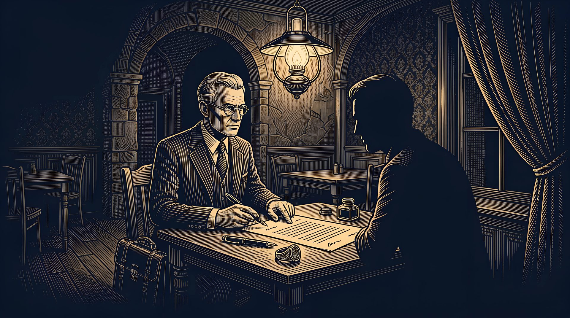 The Lawyer signs a contract with a client whose face stays in shadow, in the back room of a café under a hanging lamp