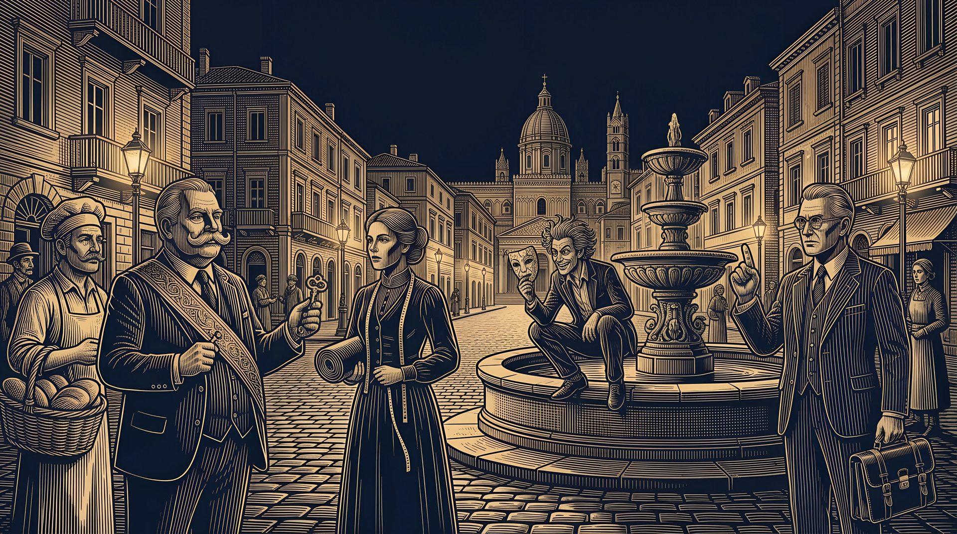 The town argues around the fountain in the piazza: the Mayor, the Baker, the Seamstress and the Lawyer, with the Madman on the fountain's rim