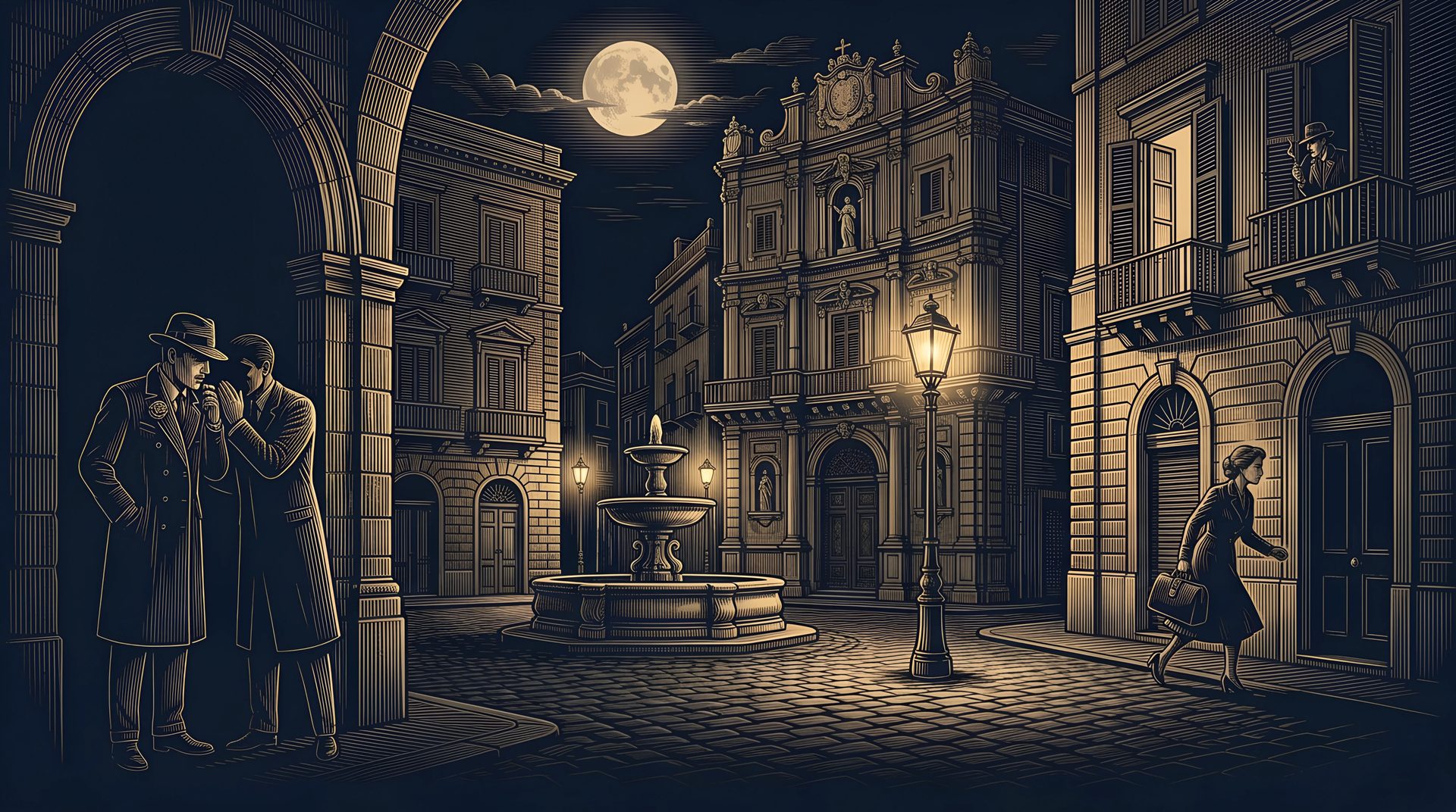 A Palermo piazza at midnight: the two killers whisper under an archway, the Doctor hurries past with her bag and the Detective watches from a window