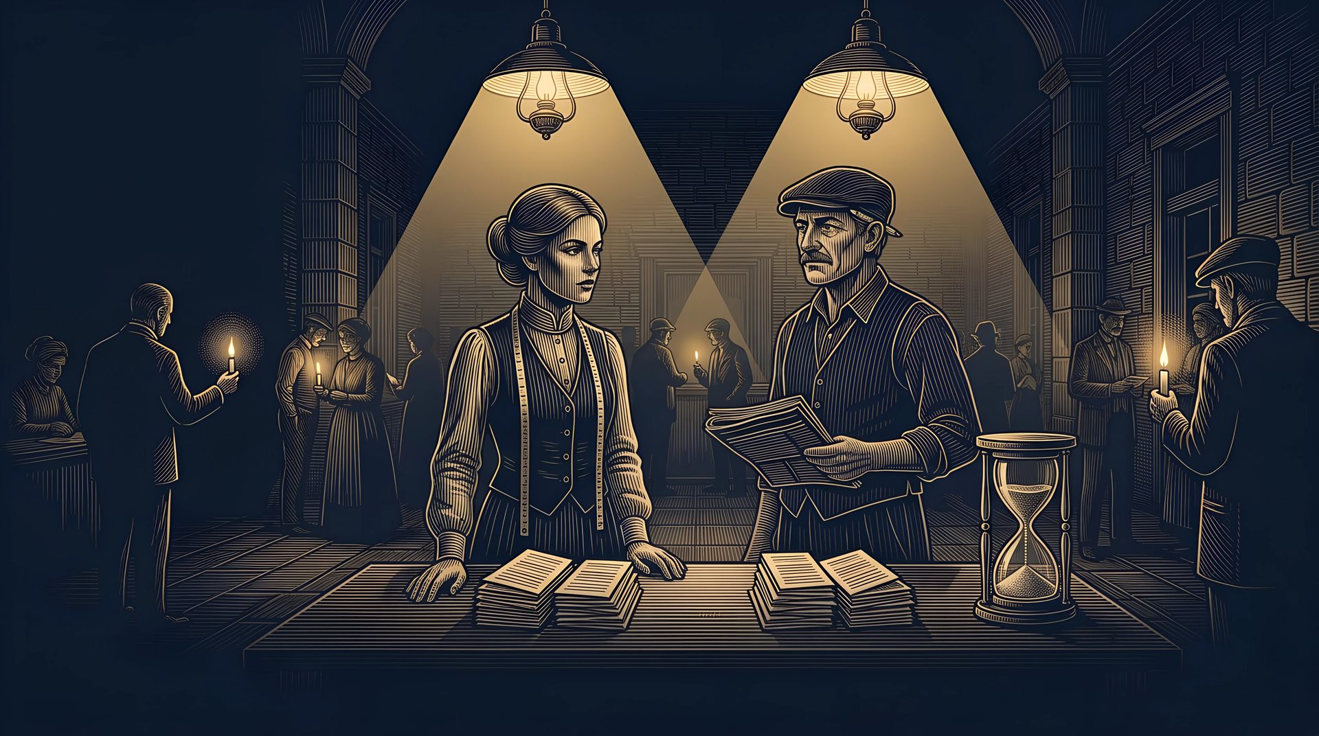 The Seamstress and the newspaper seller stand side by side under two lamps, two equal piles of ballots and an hourglass in front of them