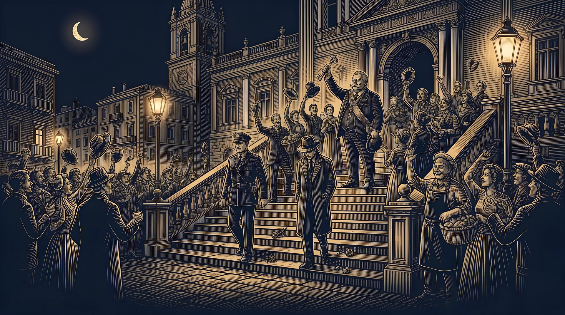 The townspeople cheer and throw their hats on the town hall steps as the Police Officer leads the two killers away