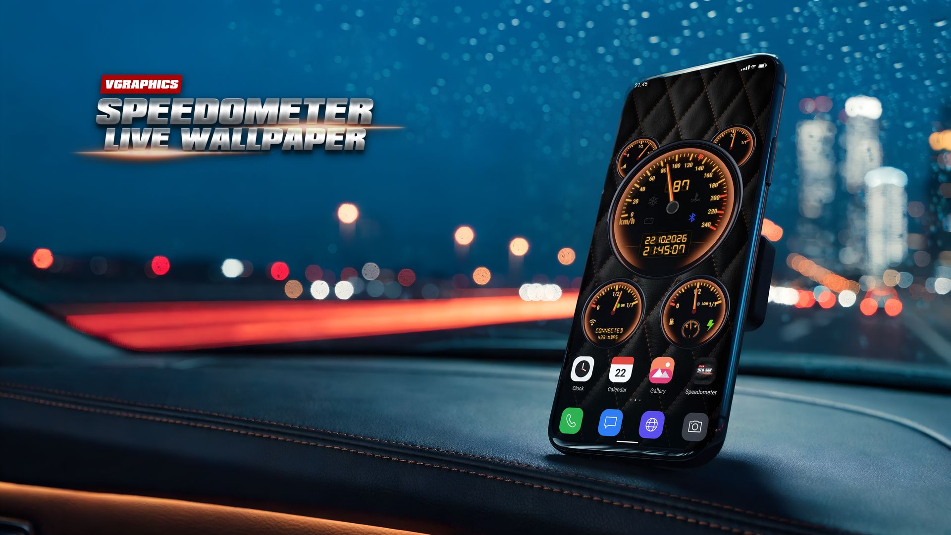 Speedometer Live Wallpaper on a phone in a car's dashboard mount at night: the Amber Night gauges at 87 km/h, with rain on the windscreen, city lights and tail-light trails behind